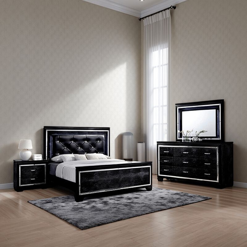 Kae 4 Piece King Bedroom Set, LED and Mirror Trim, Textured, Black - Benzara
