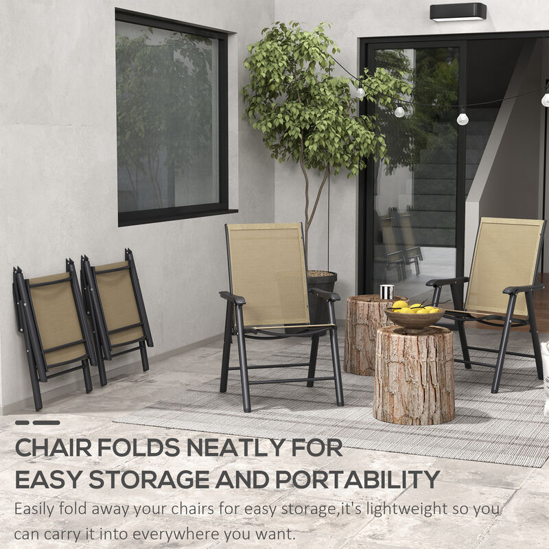 Outsunny Set of 4 Patio Folding Chairs, Stackable Outdoor Sling Patio Dining Chairs with Armrests for Lawn, Camping, Dining, Beach, Metal Frame, No Assembly, Light Mixed Brown