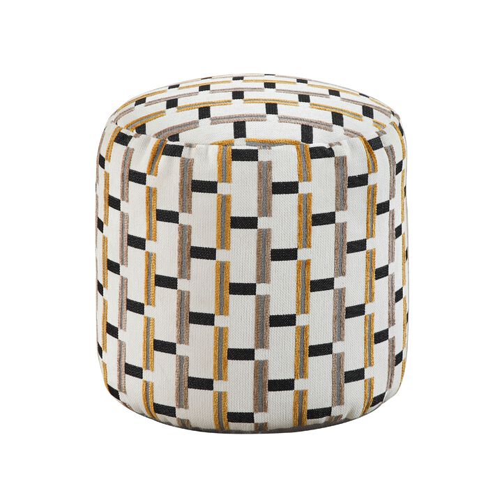Modern Pouf Ottoman, Beige Gray Geometric Block Jacquard, 16 Inch
