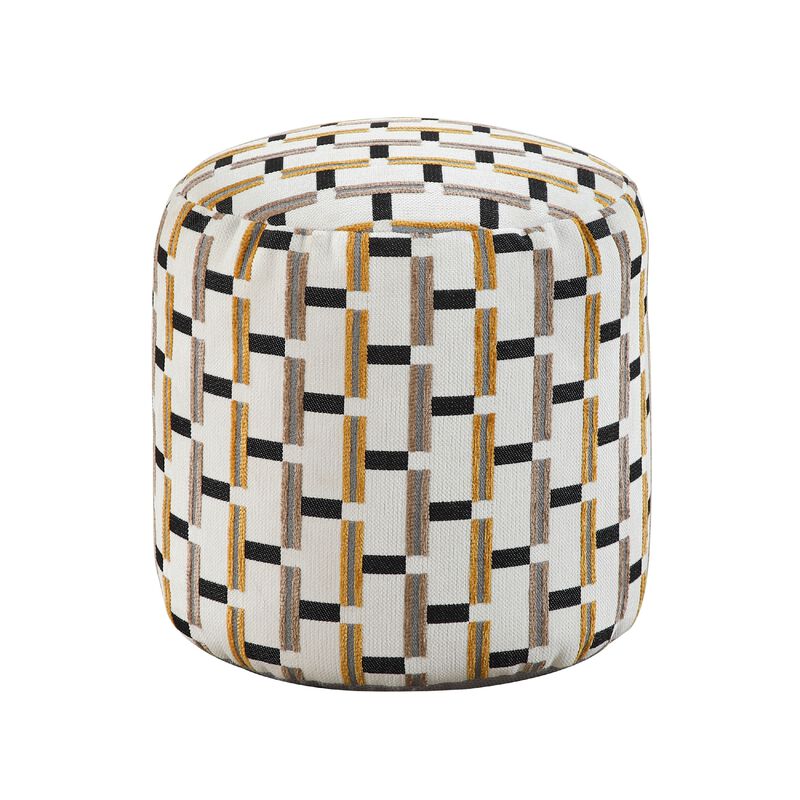 Modern Pouf Ottoman, Beige Gray Geometric Block Jacquard, 16 Inch