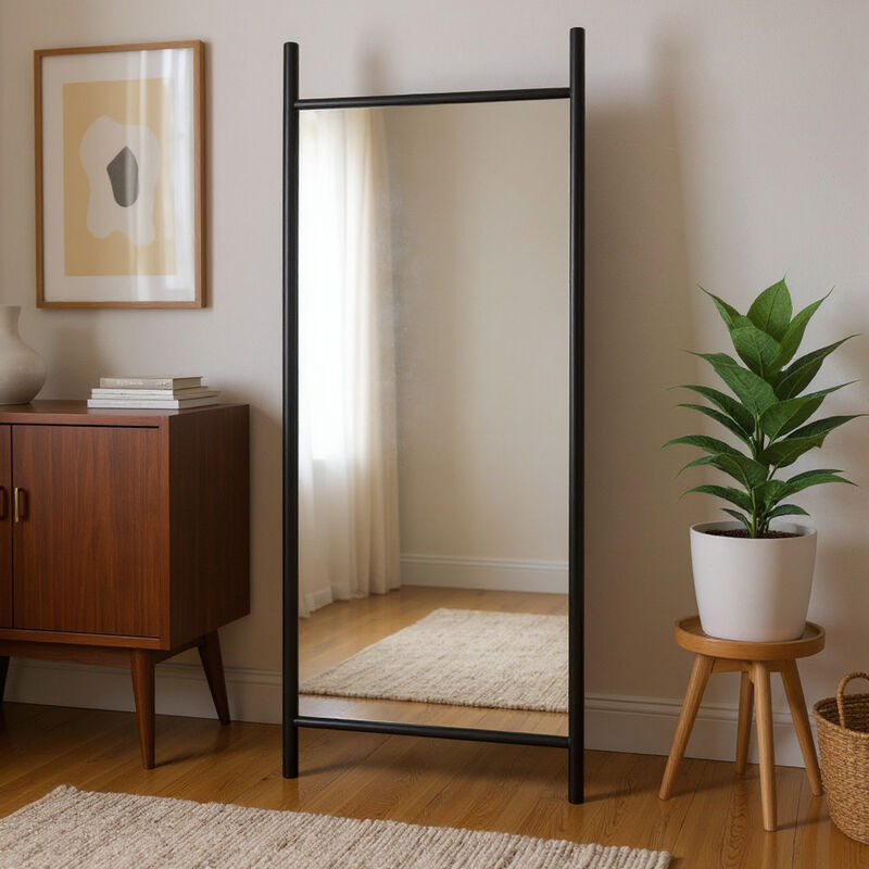 HomeRoots 71" Black Solid Wood Ladder Leaning Framed Full Length Mirror image number 1