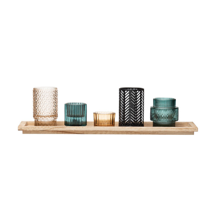5-Piece Embossed Glass and Metal Tealight Candle Holders in a Wood Tray, Multicolor