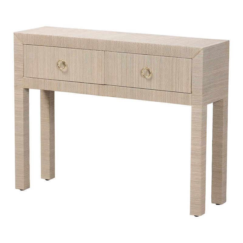 bali & pari Noah Grasscloth 2-Drawer Console Table - Woven Texture Entryway Table with Gold Ring Pulls, Narrow Hallway or Living Room Accent Table, Beige image number 0