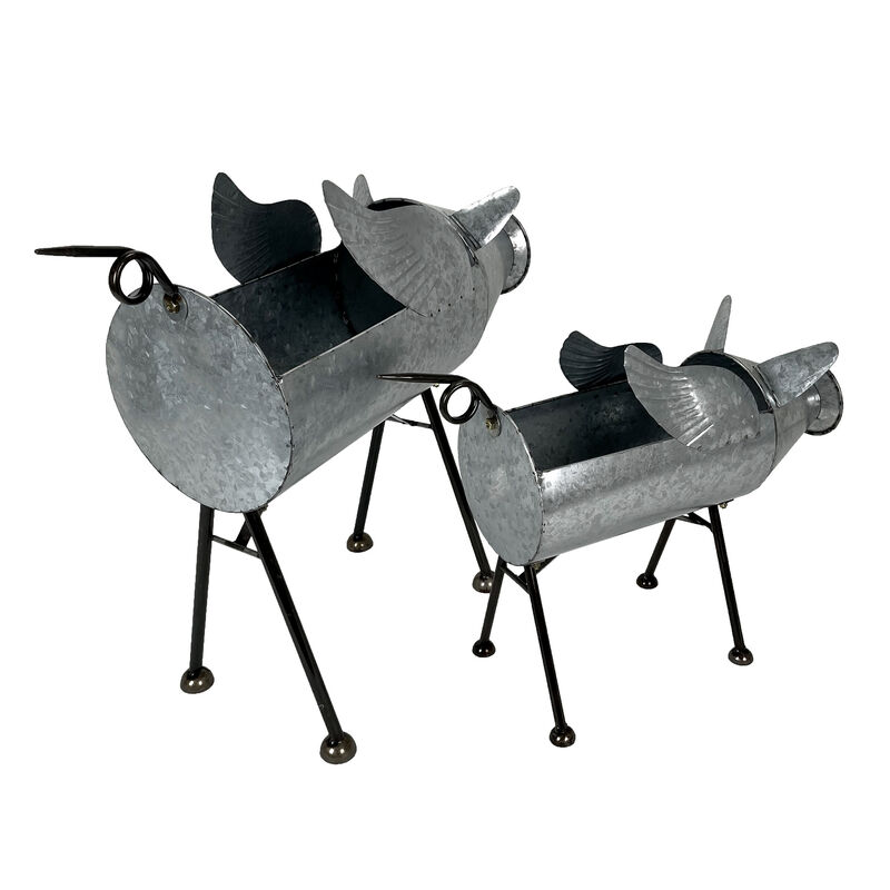 Set of 2 Flying Pig Planters - Distressed Metal - Whimsical Farmhouse Decor image number 3