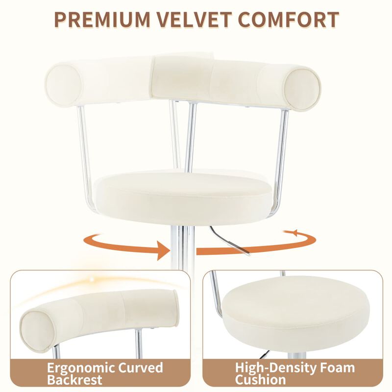 Set of 2 swivel bar stools, velvet upholstered adjustable height bar chair with open back, chrome base counter stools with footrest image number 4