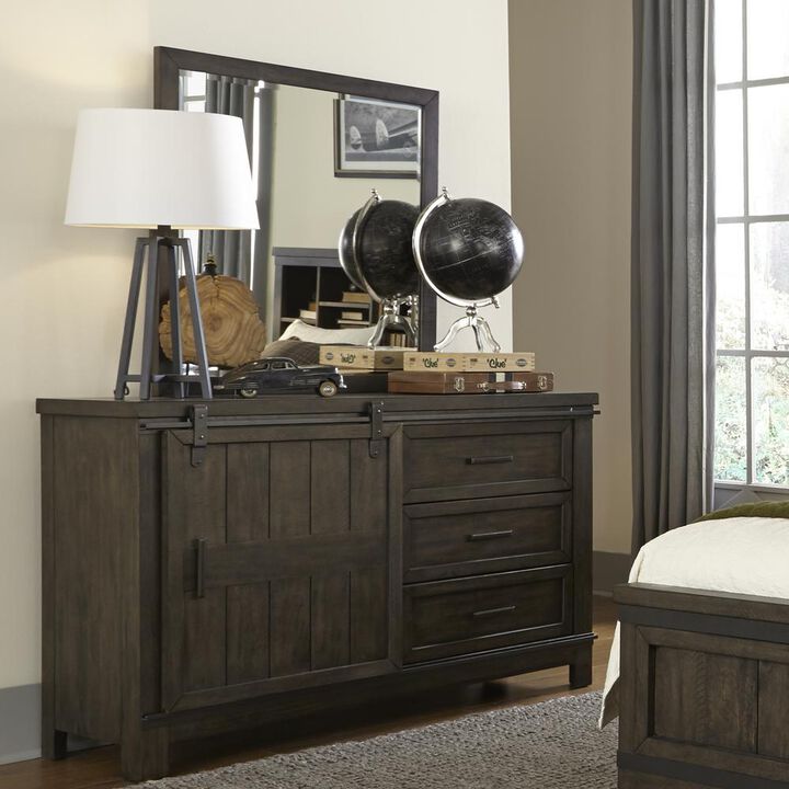 Liberty Furniture Thornwood Hills Dresser & Mirror in Rock Beaten Brown w/ Saw Cuts