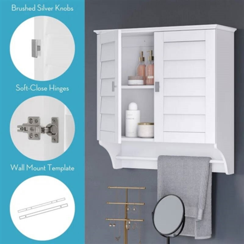Modern Wall Mounted Medicine Cabinet with Louvered Doors & Towel Rack