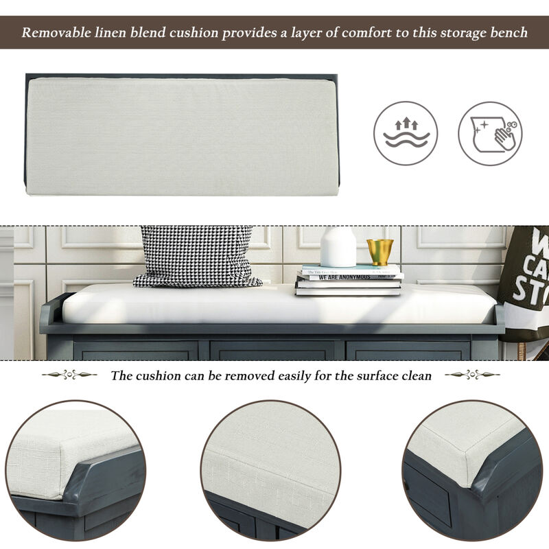 Rustic Storage Bench With 3 Drawers And 3 Rattan Baskets, Shoe Bench For Living Room