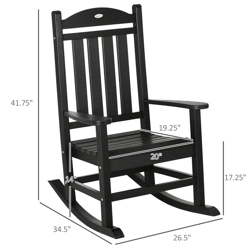 Black Outdoor Rocker: Wooden Chair with Rustic High Back & Armrests
