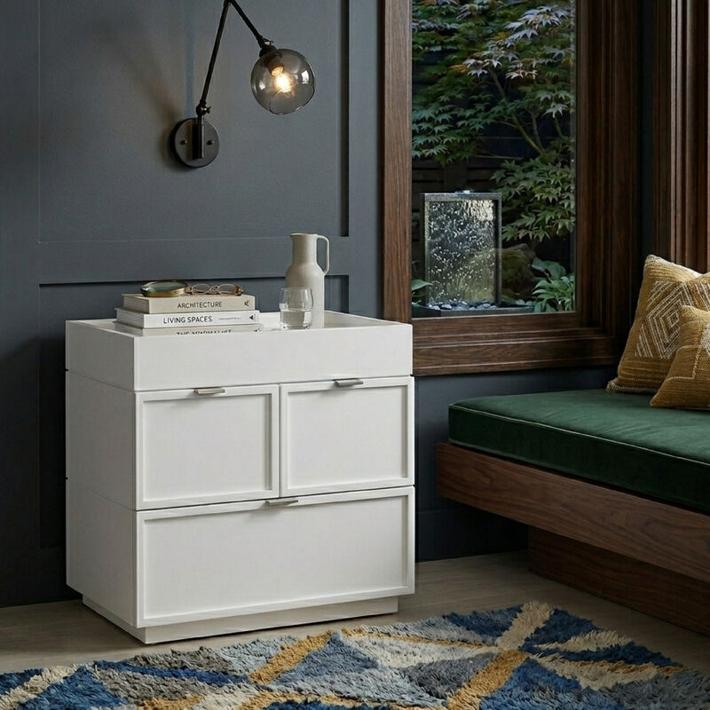 Sena Nightstand with Tray Top, 2 Soft Close Drawers, Glam White image number 1