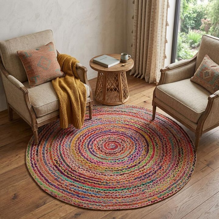 HomeRoots 7' Tan Round Geometric Hand Braided Area Rug