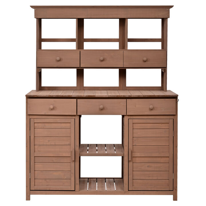 Whisen 65.7" Tall Fir Wood Potting Table with 6 Drawers & Hutch, Patio Storage Workstation
