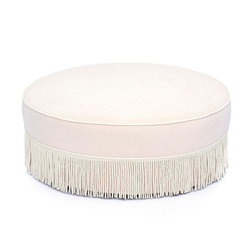 Tassy Neutral Floral Tasseled Round Ottoman image number 1