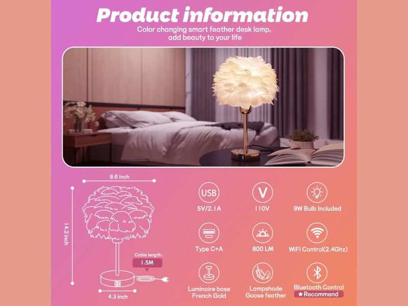 Smart RGB Feather Table Lamp with Touch Control USB Charging and Dimmable Light image number 2