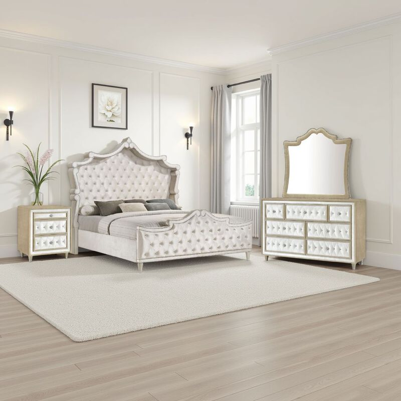 Lino 4 Piece Queen Bedroom Set, Classic Ivory White Velvet Upholstery