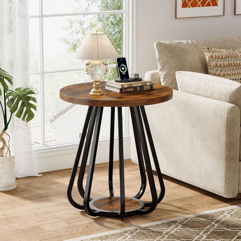 2-Tier Small Side Table, Sofa End Table with Metal Frame for Small Spaces-Vintage Brown image number 1