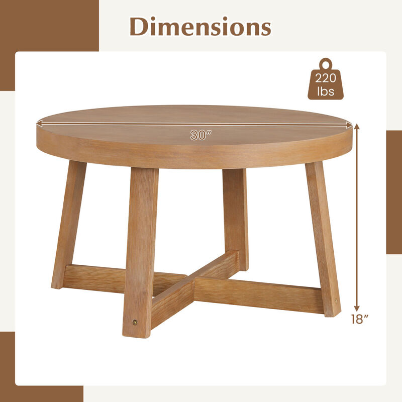 30" Natural Round Coffee Table with Sturdy Rubber Wood Legs, Farmhouse Style image number 2