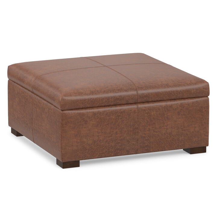 Gabbie 36 inch Wide Contemporary Square Square Coffee&nbsp;Table Storage Ottoman in Distressed Saddle Brown  Vegan Faux Leather, Assembled