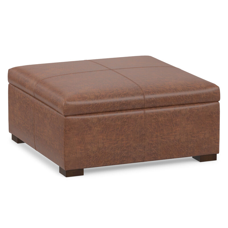 Gabbie 36 inch Wide Contemporary Square Square Coffee&nbsp;Table Storage Ottoman in Distressed Saddle Brown  Vegan Faux Leather, Assembled image number 0