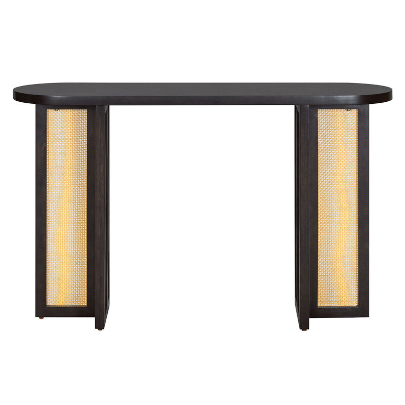 Clihome Farmhouse Rattan Console Table Entryway Table, Narrow Console Table with Storage, Hallway Table for Living Room