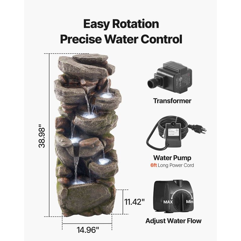 7-Tier Outdoor Water Fountain with LED Light, Rock Cascading Design for Garden Patio image number 6