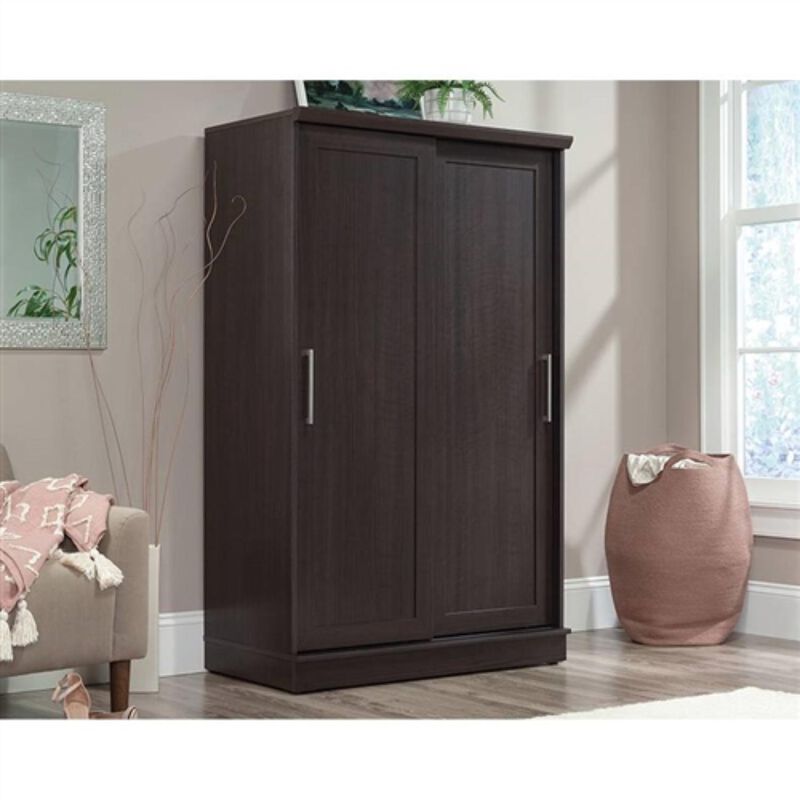 Hivvago FarmHouse Espresso Oak Sliding Doors Garment Rod Wardrobe Armoire