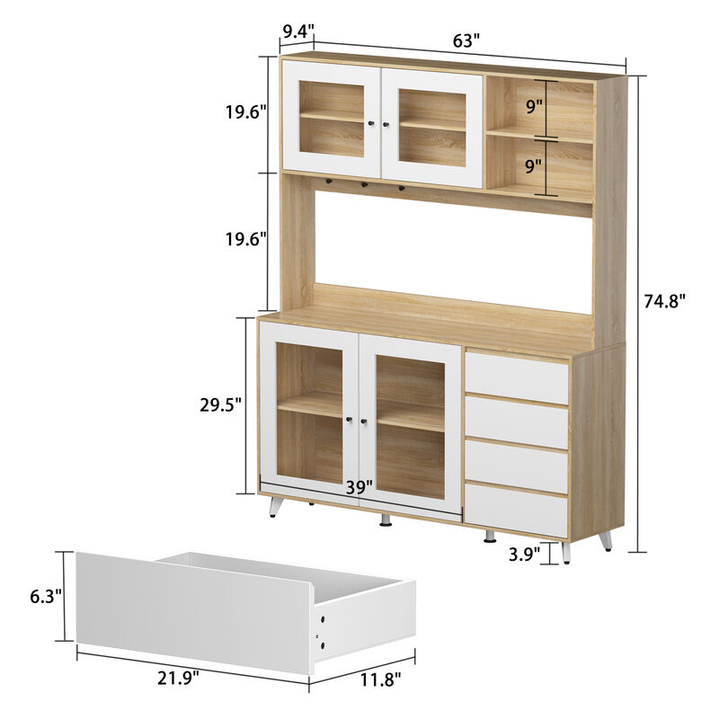 Glass Doors Light Brown Large Pantry Kitchen Cabinet With Hutch, 4-Drawers, Hooks 74.8 in. H x 63 in. W x 15.7 in. D