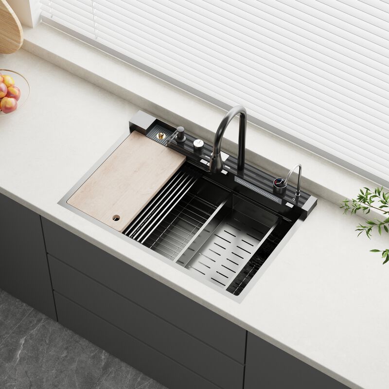 FUFU&GAGA PVD 304 Stainless Steel Kitchen Sink with Cutting Board, Drain Rack, and Smart Faucet,(33.1" W x 22" D x 24.6" H),Black