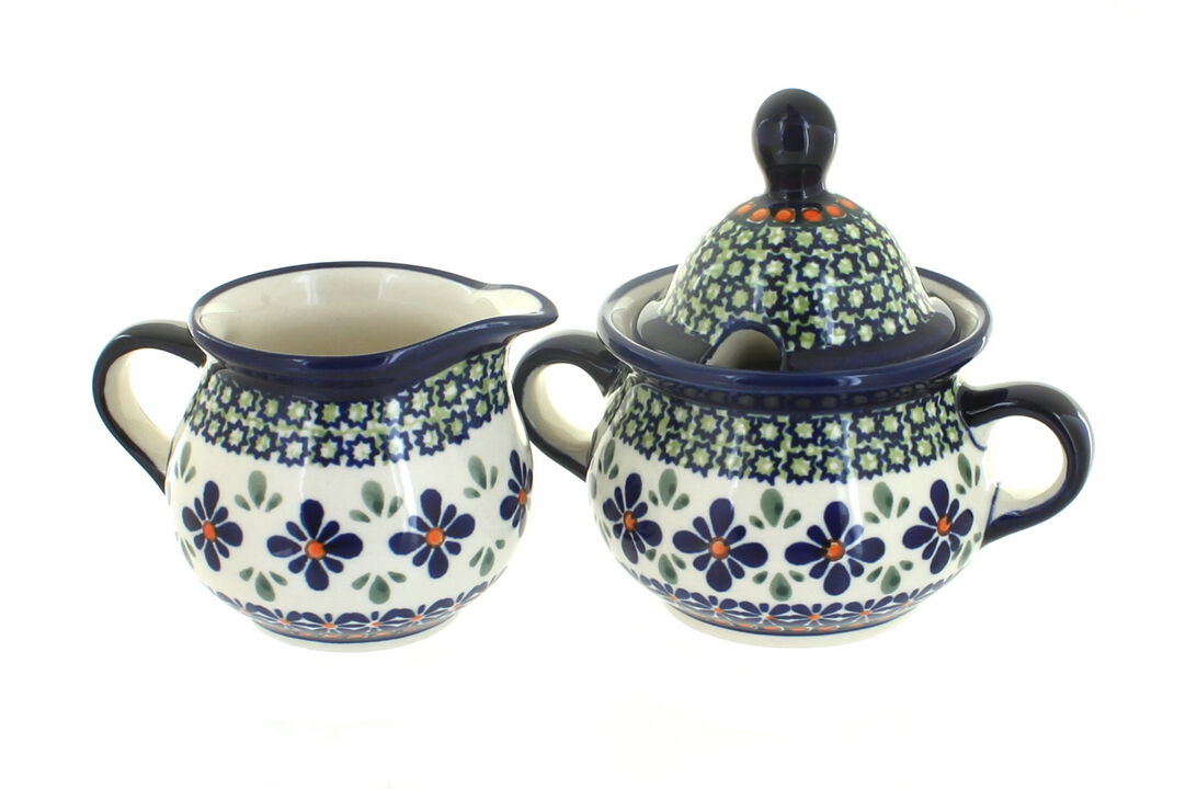 Blue Rose Polish Pottery Floral Butterfly Cream & Sugar Set