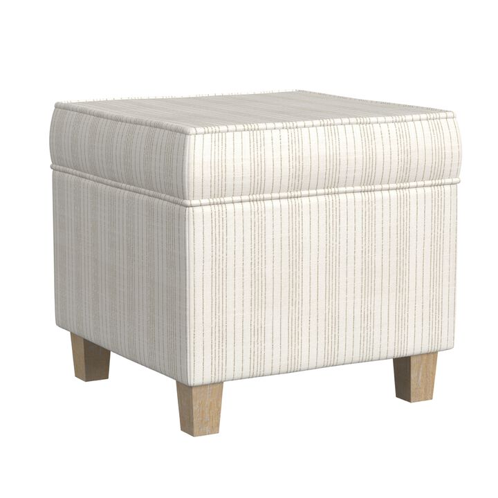 Pyp Square Storage Ottoman, 18 Inch Ivory Pinstripe Fabric, Brown Legs - Benzara