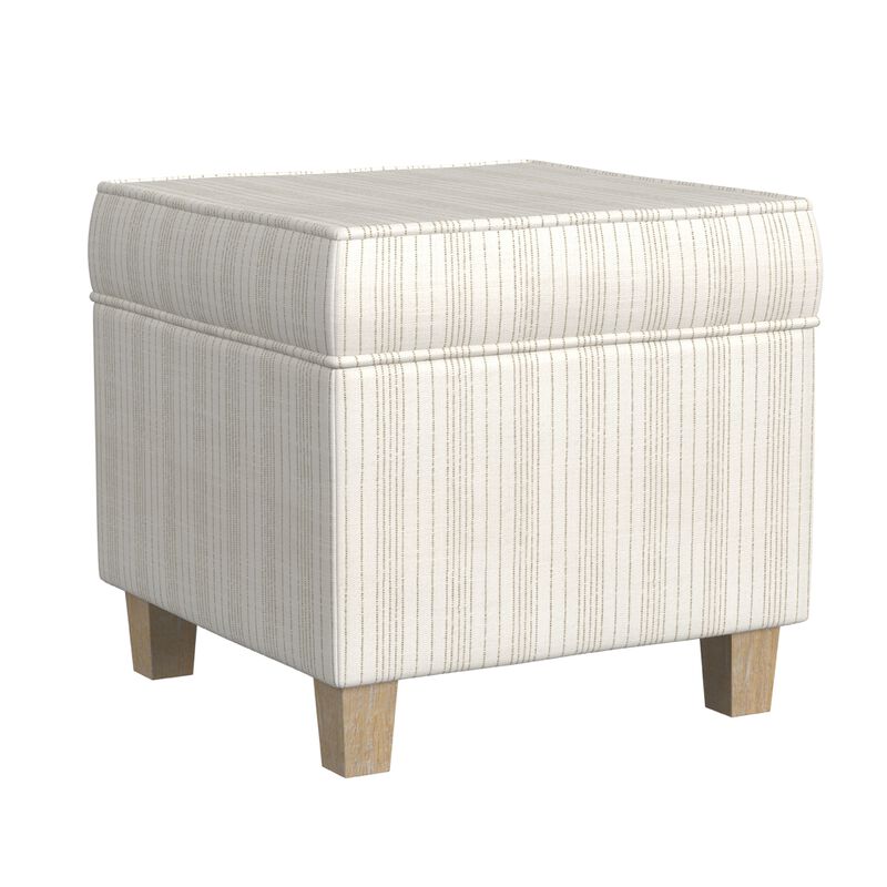 Pyp Square Storage Ottoman, 18 Inch Ivory Pinstripe Fabric, Brown Legs - Benzara