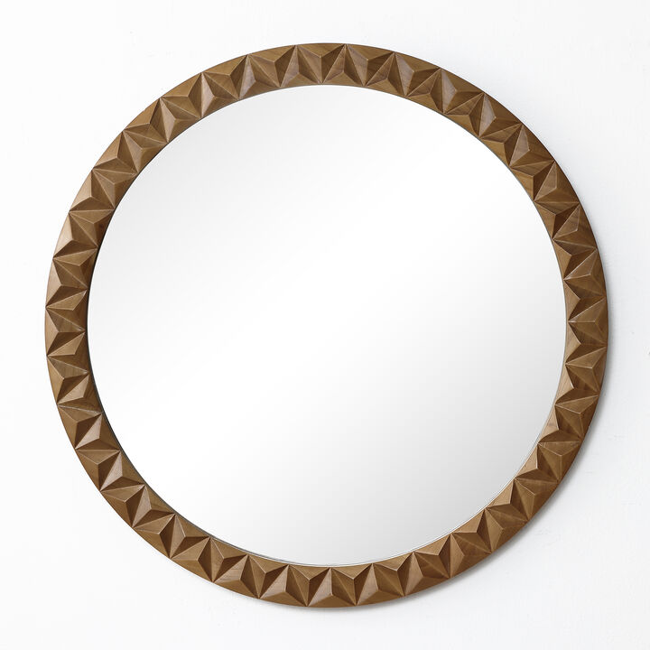 26" Geometric Carved Pine Wood Round Wall Mirror