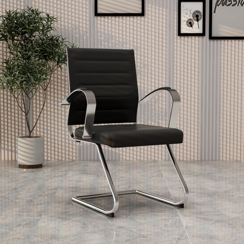 LeisureMod Benmar Guest Office Chair, Ribbed Leather Upholstery with Chrome Arms and Sled Base, Modern Desk Seating for Home or Conference Room