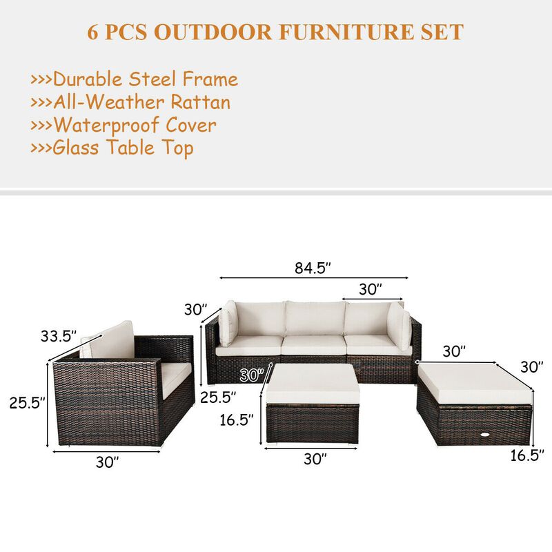 6 Pcs Patio Rattan Furniture Set with Sectional Cushion