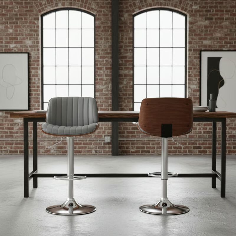 Adjustable Gray Faux Leather and Walnut Wood with Chrome Finish Bar Stool image number 2