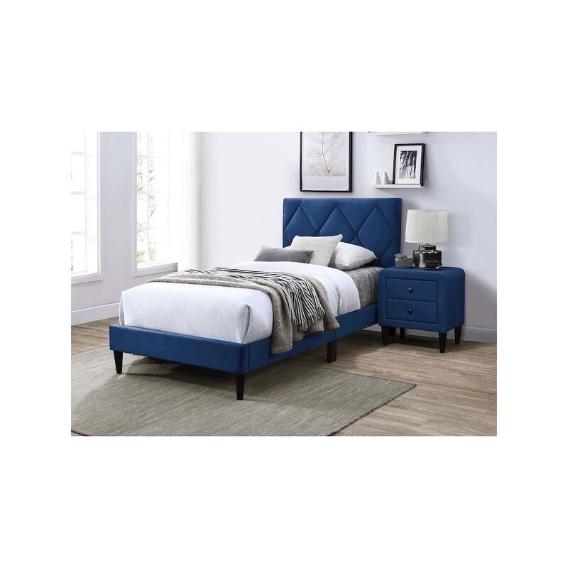 Poundex Adjustable Diamond Tufted Headboard Twin Bed Frame in Navy Blue Velvet