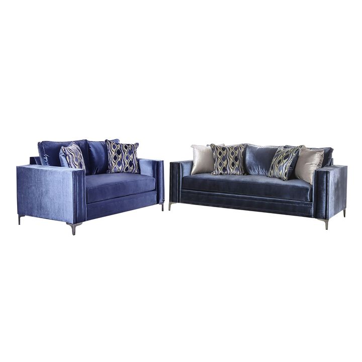 Odie Sofa Loveseat Set, 6 Throw PIllows, Satin Blue Silver Microfiber - Benzara