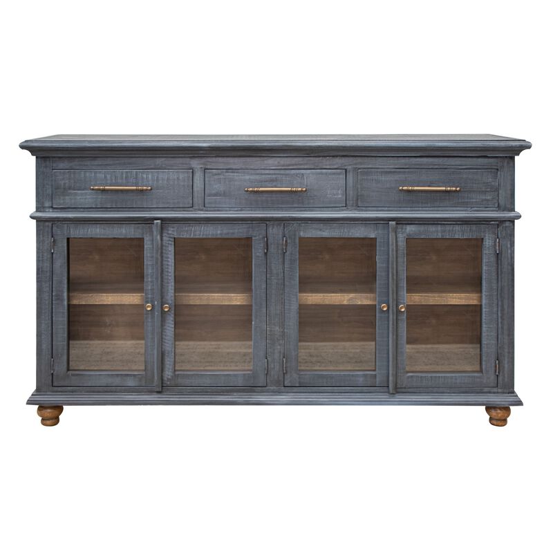 71 Inch Sideboard Console Table, 3 Drawers, 4 Glass Doors, Pine Wood, Blue image number 1