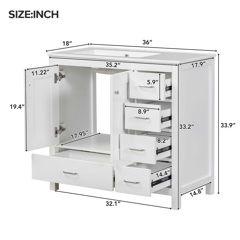 Merax Bathroom Vanity with Ceramic Sink  Freestanding Recessed  5 Drawers & 2 Soft-Close Doors Storage Cabinet Combo