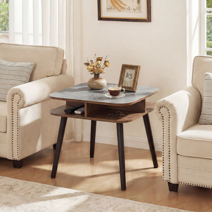 Wooden Side Table with Open Storage Shelves and Rubber Wood Legs