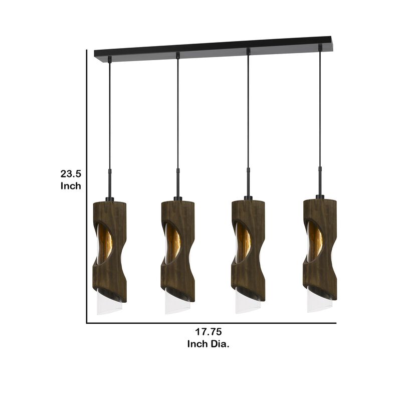 4 Light Metal Frame Pendant Fixture with Wooden and Glass Shades, Brown - Benzara