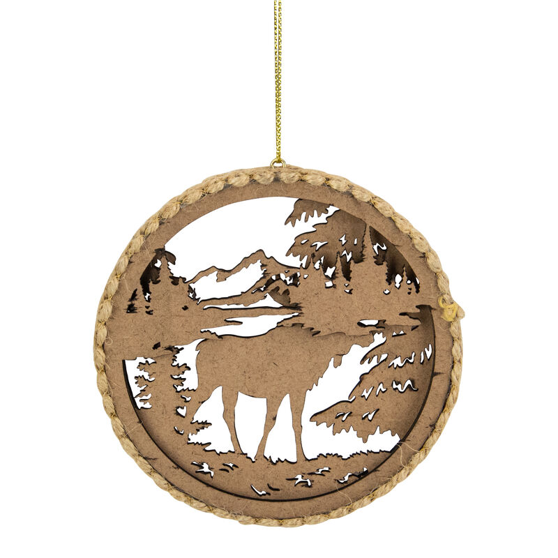 4.25 in Moose with Forest Trees Disk Christmas Ornament  Brown image number 3