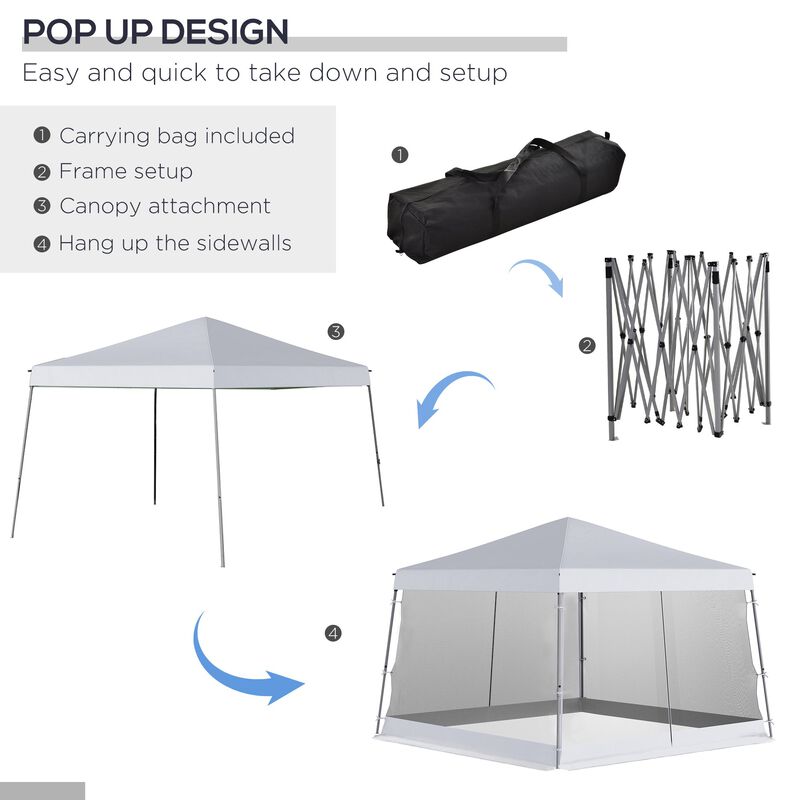 12' x 12' Pop Up Canopy, Foldable Canopy Tent with Carrying Bag, Mesh Sidewalls and 3-Level Adjustable Height for Garden, Party, White