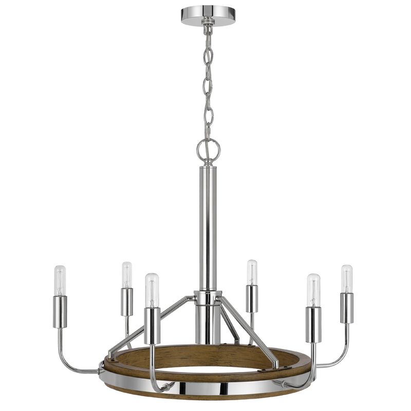 6-Light Candelabra Chandelier with LED, Chrome and Oak Wood, 26 Inch image number 4