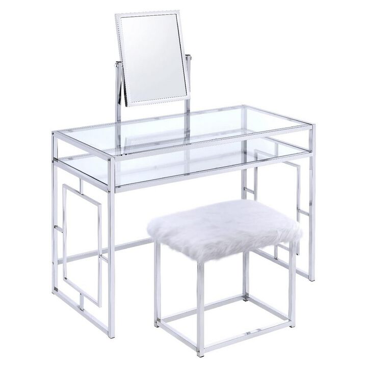 42 Inch Vanity Desk with Faux Fur Stool, Mirror, Glam Chrome Metal Frame - Benzara