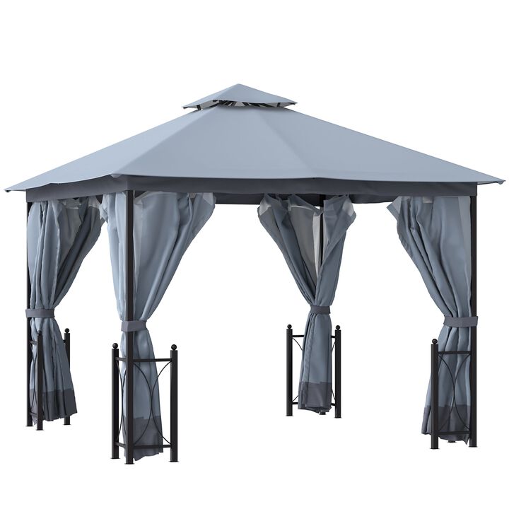 13' x 11' Patio Gazebo Canopy Garden Tent Sun Shade, Outdoor Shelter with 2 Tier Roof, Netting and Curtains, Steel Frame for Patio, Grey