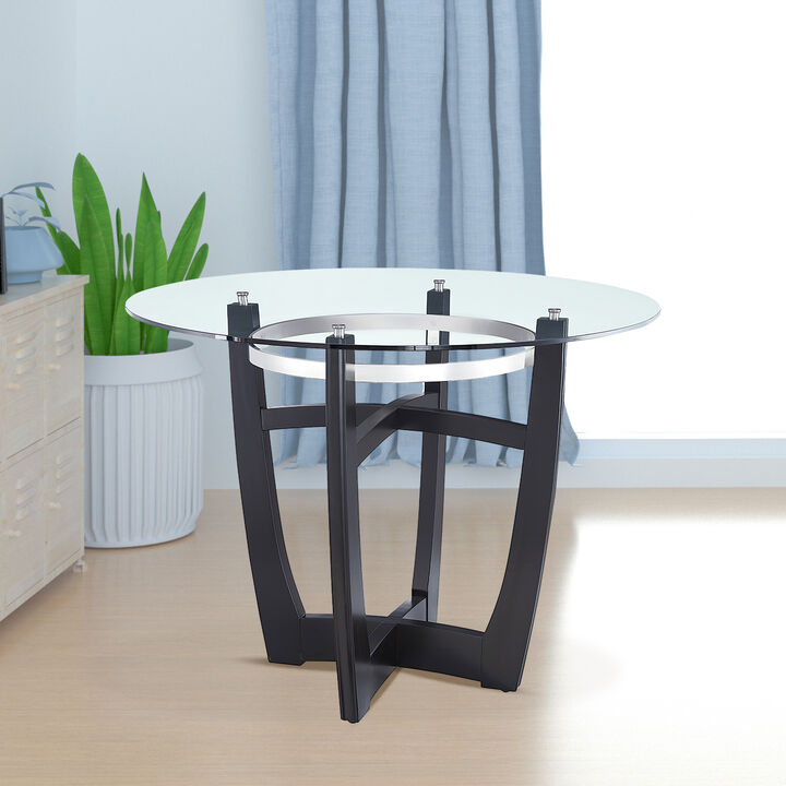 Dining Table with Clear Tempered Glass Top, With solid wood base, Modern Round Glass Kitchen Table Furniture for Home Office Kitchen Dining Room Black