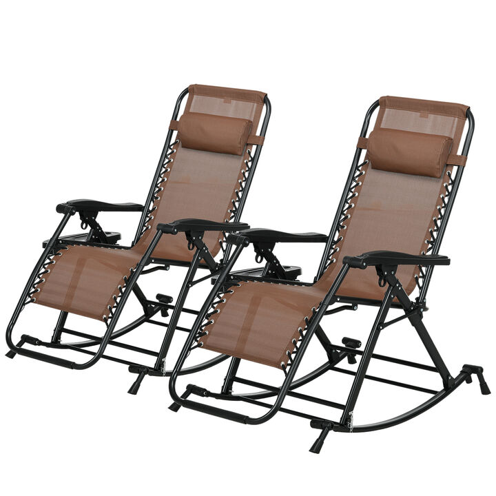 Outsunny 2 Pieces Outdoor Rocking Chairs, Foldable Reclining Zero Gravity Lounge Rocker with Pillow, Cup & Phone Holder, Combo Design with Folding Legs, Brown