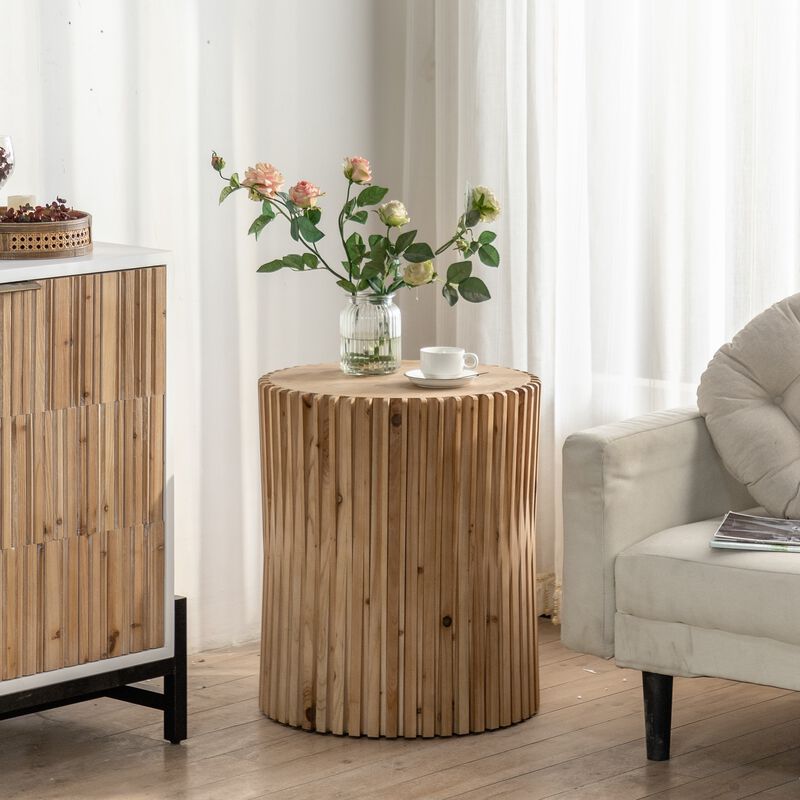 Retro Fashion Style Cylindrical Coffee Table with Vertical Texture Relief Design Perfect for Living Room