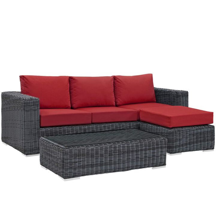 Summon Outdoor Patio Sectional Sofa Set - Comfortable, Durable, and Stylish - Includes Coffee Table, Ottoman, and Sofa - Two-Tone Synthetic Rattan Weave - Sunbrella Cushions - UV Protection - Perfect for Patio, Backyard, or Poolside Gathering